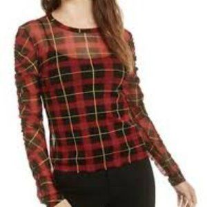 Plaid Mesh Long Sleeve Top - Bar III